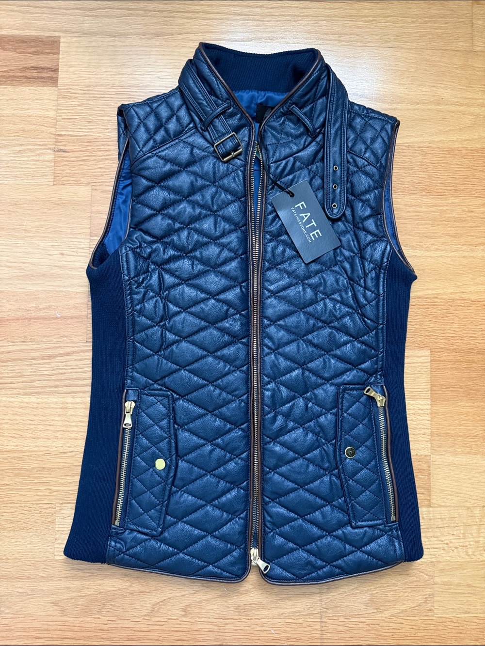 Fate Quilted Navy Blue Sleeveless Vest with Buckle Collar